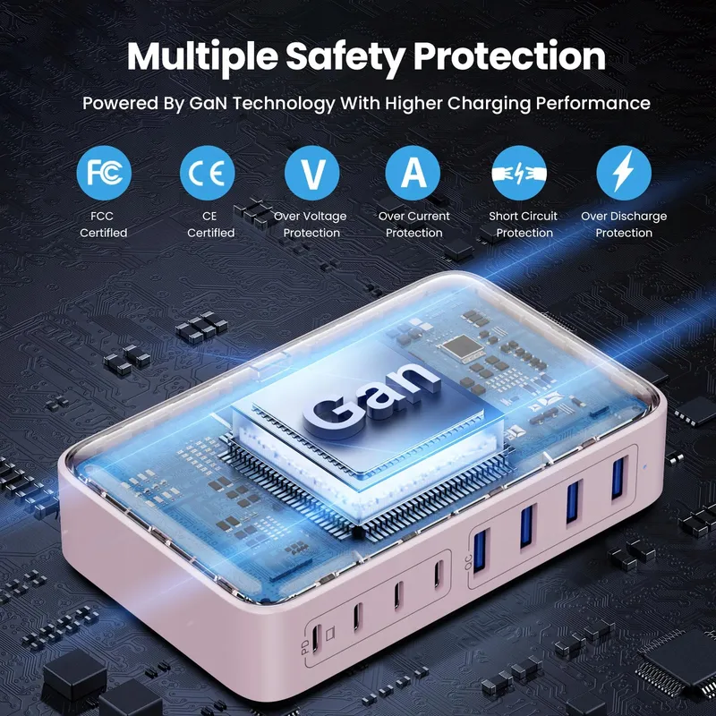 FEOB TECHPOWER USB C Oplader 200W GaN III 8-poorts Snellader Roze — foto 3