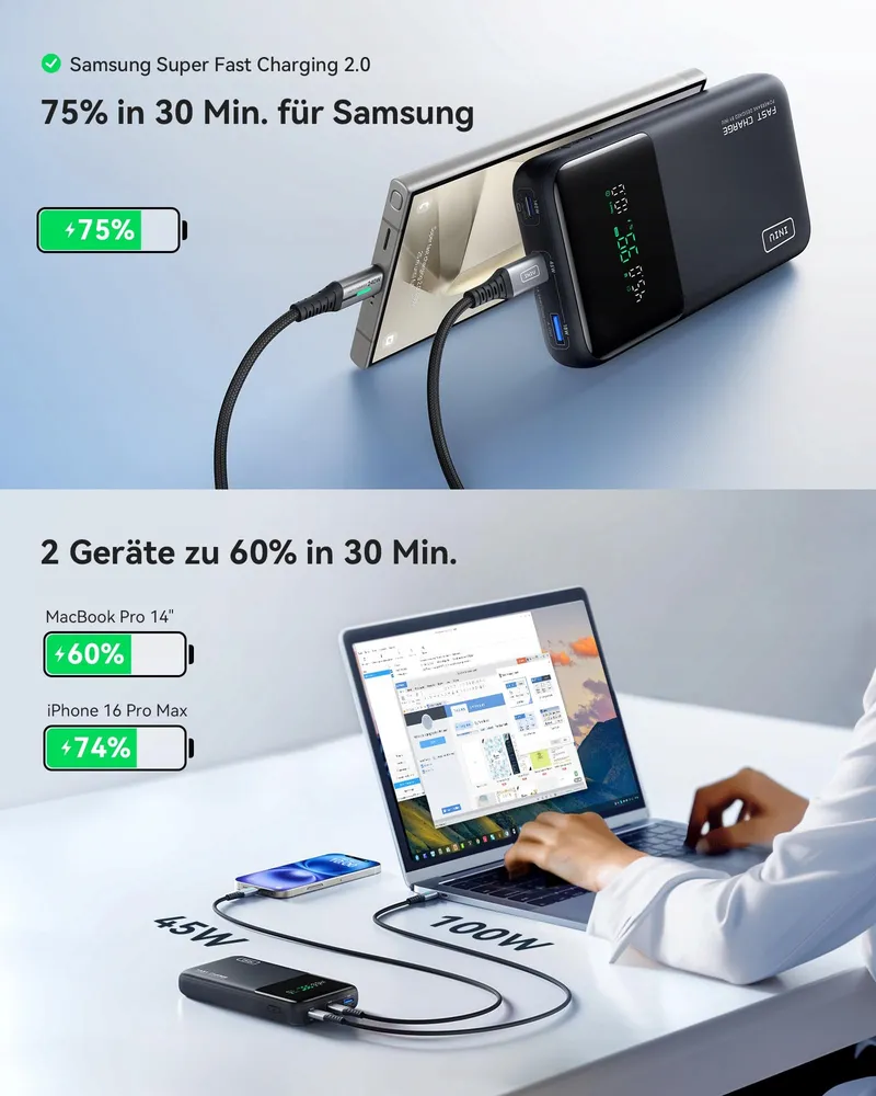 INIU Powerbank 25000mAh 140W USB C Telefoons Laptops — foto 3