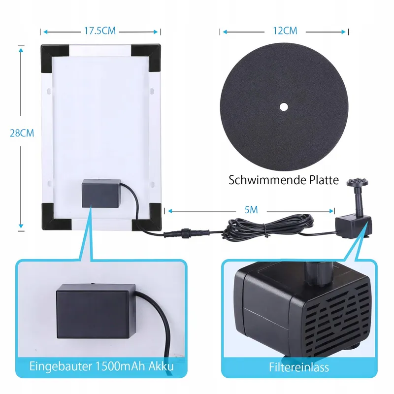 AISITIN Solar Fontein 5.5W 1500mAh Batterij Vijver Tuin — foto 2