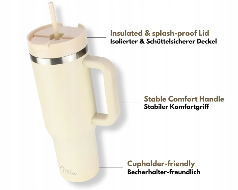 MILU Thermobeker 1200ml Rietje Handvat RVS Beige — foto 2