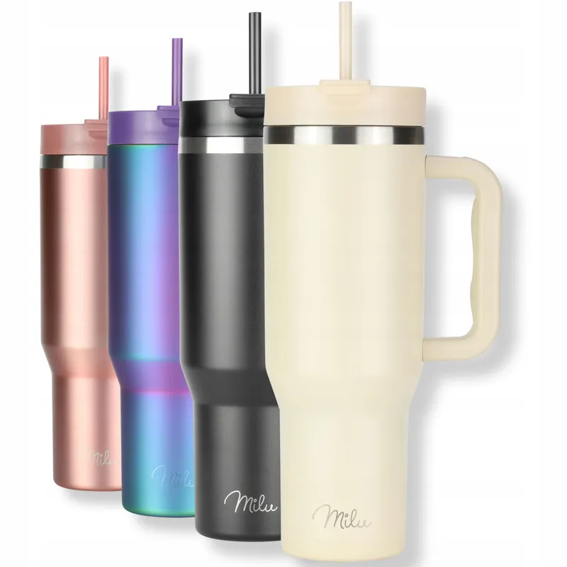MILU Thermobeker 1200ml Rietje Handvat RVS Beige — foto 1
