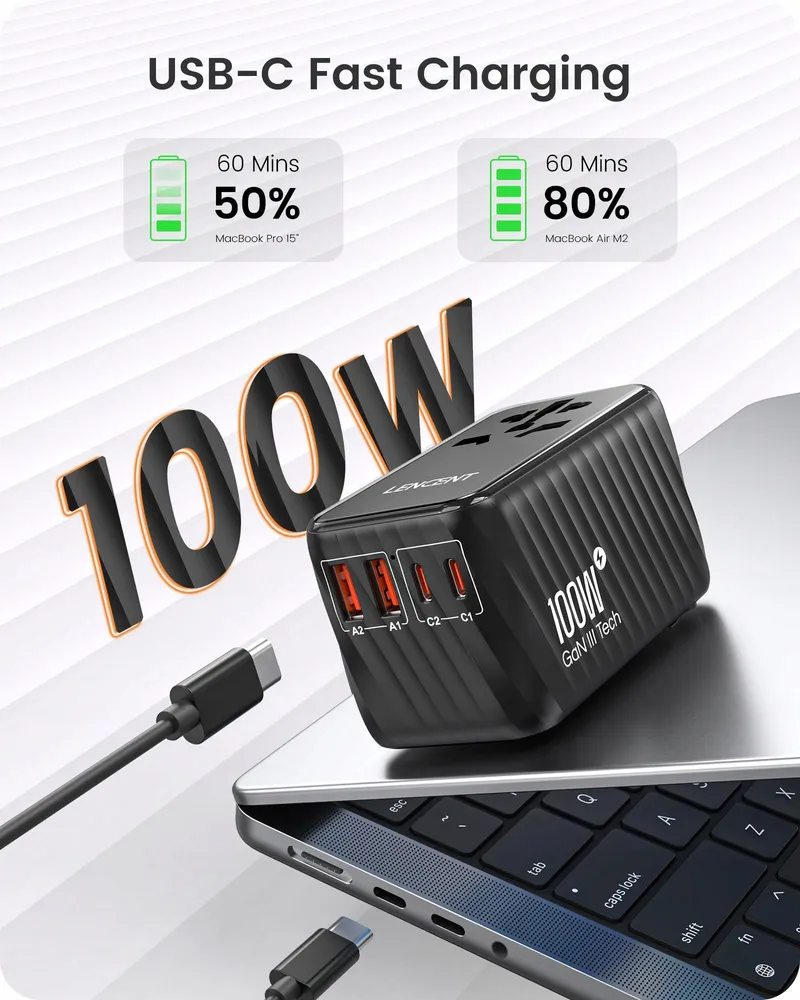 LENCENT Reisadapter 100W GaN3 2x USB C 2x USB A Wereldwijd — foto 2