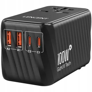 LENCENT Reisadapter 100W GaN3 2x USB C 2x USB A Wereldwijd — miniatuur 1