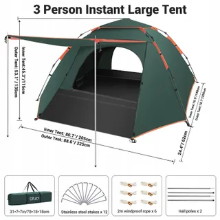 CFLITY Camping Tent 3 Personen Automatisch Waterdicht 4 Seizoenen — miniatuur 6