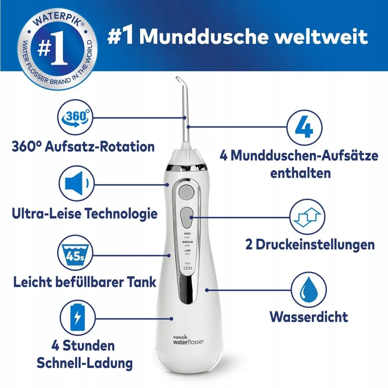 WATERPIK Cordless Advanced Waterflosser 4 Opzetstukken 3 Standen Wit — foto 2