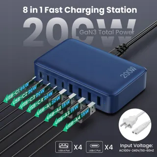 FEOB GaN III USB C Oplader 200W 8 Poorten Laptops Telefoons — miniatuur 4