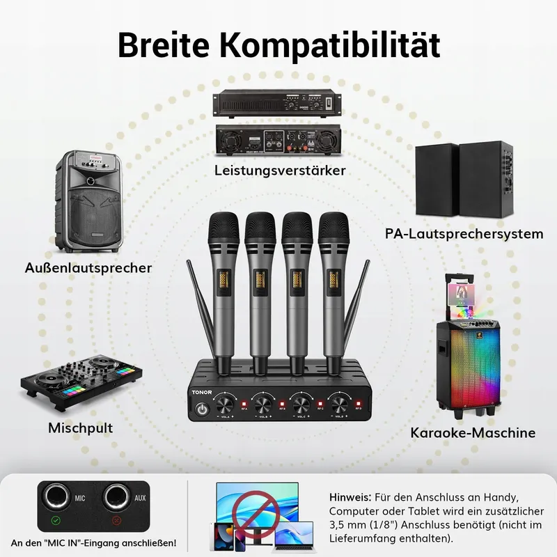 TONOR Draadloze Microfoonset 4x5 Kanalen 60m Karaoke Podium — foto 5