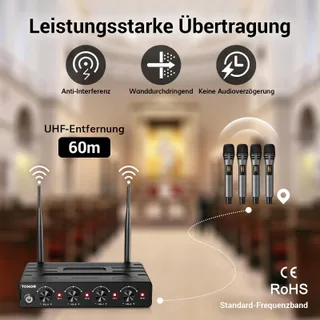 TONOR Draadloze Microfoonset 4x5 Kanalen 60m Karaoke Podium — miniatuur 3