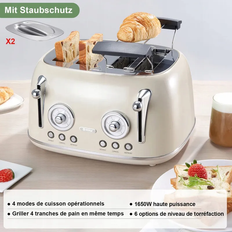 WILTAL Broodrooster 4 Sneetjes Lange Sleuf RVS Met Deksel Retro Creme — foto 3