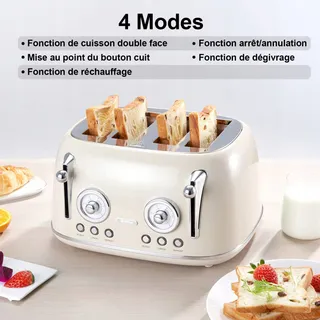 WILTAL Broodrooster 4 Sneetjes Lange Sleuf RVS Met Deksel Retro Creme — miniatuur 8