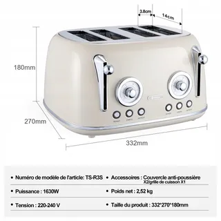 WILTAL Broodrooster 4 Sneetjes Lange Sleuf RVS Met Deksel Retro Creme — miniatuur 7