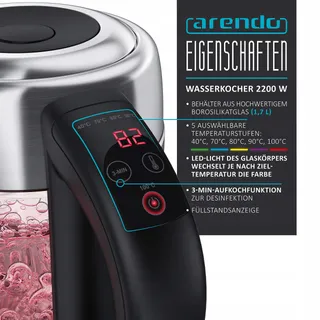 ARENDO Waterkoker Glas RVS 1,7L Temperatuurregeling RGB — miniatuur 3