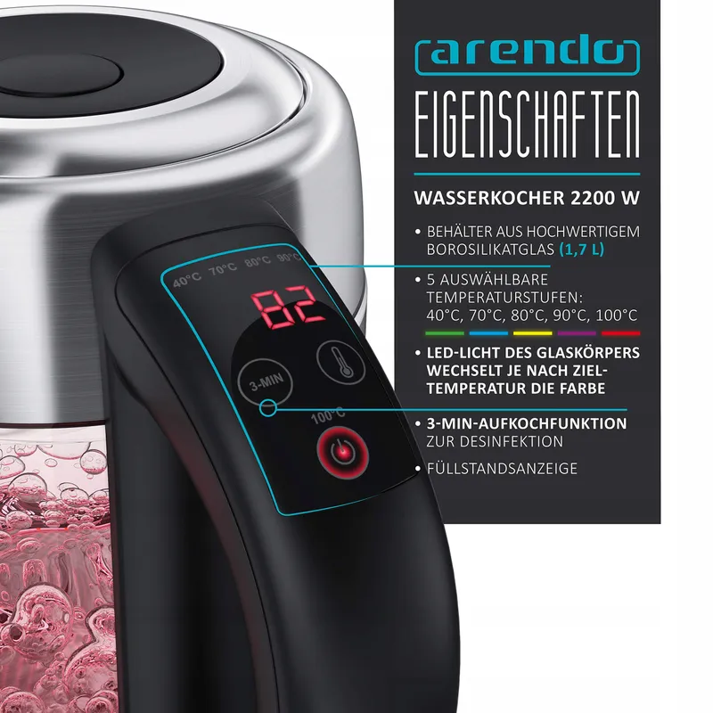 ARENDO Waterkoker Glas RVS 1,7L Temperatuurregeling RGB — foto 3