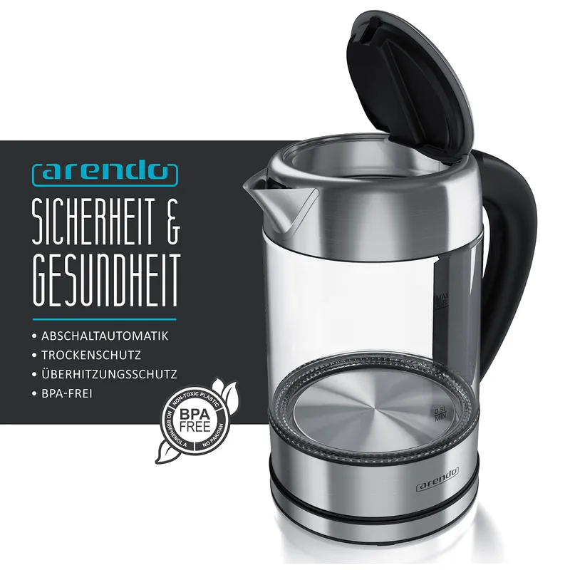 ARENDO Waterkoker Glas RVS 1,7L Temperatuurregeling RGB — foto 2