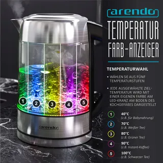 ARENDO Waterkoker Glas RVS 1,7L Temperatuurregeling RGB — miniatuur 6