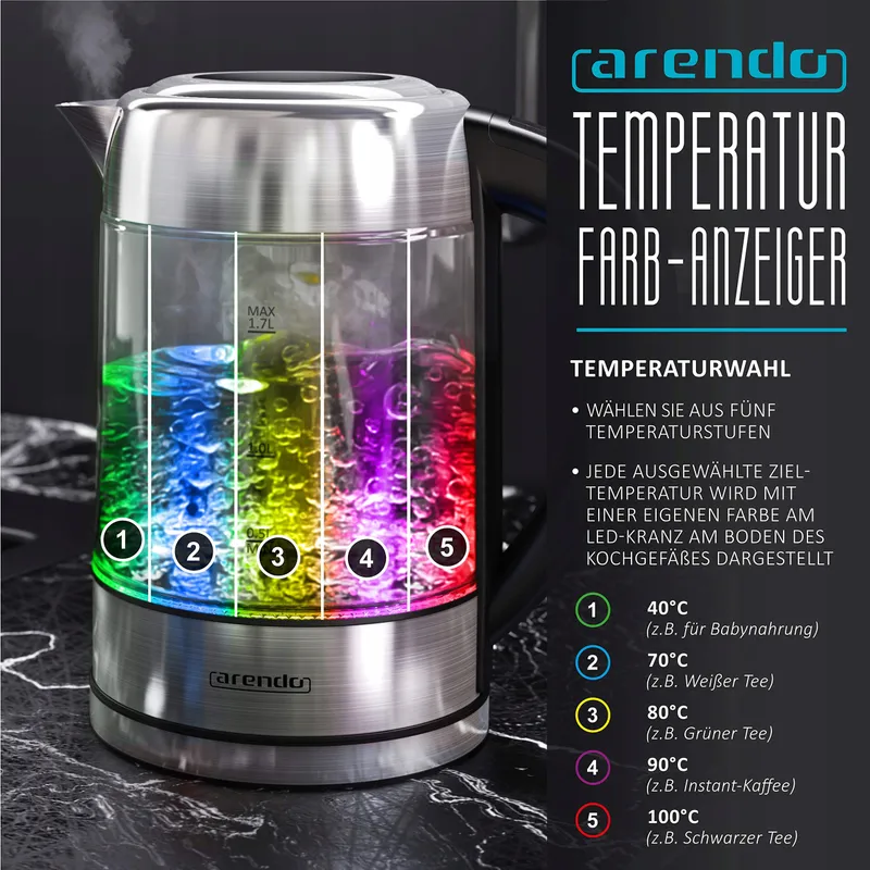 ARENDO Waterkoker Glas RVS 1,7L Temperatuurregeling RGB — foto 6