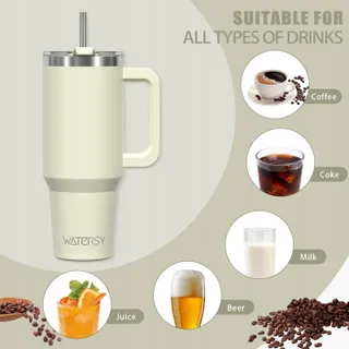 WATERSY Thermosbeker 1182ml RVS Handvat Rietje Beige — miniatuur 8