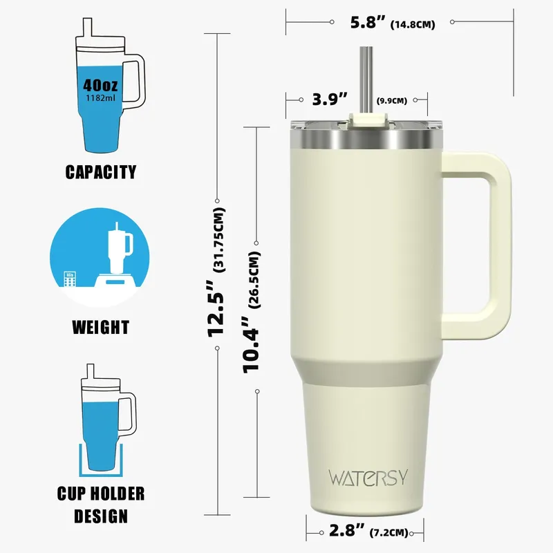 WATERSY Thermosbeker 1182ml RVS Handvat Rietje Beige — foto 9
