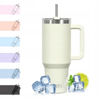WATERSY Thermosbeker 1182ml RVS Handvat Rietje Beige — miniatuur 1