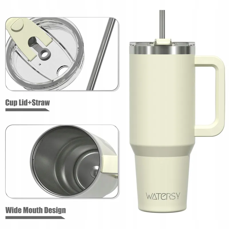 WATERSY Thermosbeker 1182ml RVS Handvat Rietje Beige — foto 3