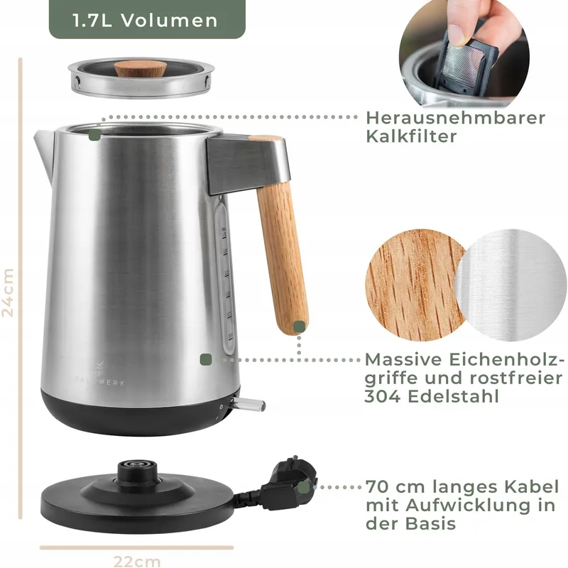 WALDWERK Waterkoker 3000W 1,7L RVS Houten Handvat — foto 6