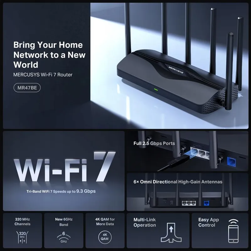 MERCUSYS Tri-Band BE9300 WiFi 7 Router 4x2,5G 6 Antennes 6GHz VPN WPA3 — foto 4