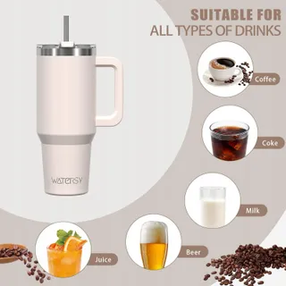WATERSY Thermosbeker 891ml RVS met Handvat en Rietje Beige — miniatuur 6