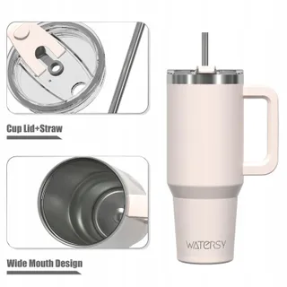 WATERSY Thermosbeker 891ml RVS met Handvat en Rietje Beige — miniatuur 2