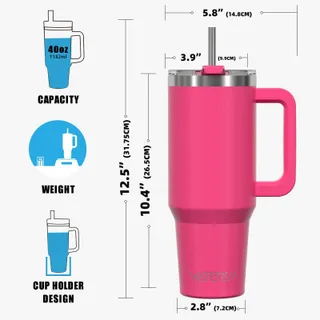 WATERSY Thermosbeker RVS 1182ml Handvat Rietje Roze — miniatuur 8