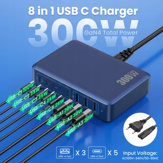 USB C Oplader 300W 8 Poorten Snellader Voor Laptop En iPhone Donkerblauw — miniatuur 5