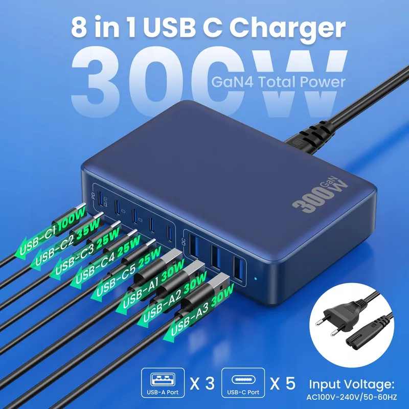 USB C Oplader 300W 8 Poorten Snellader Voor Laptop En iPhone Donkerblauw — foto 5