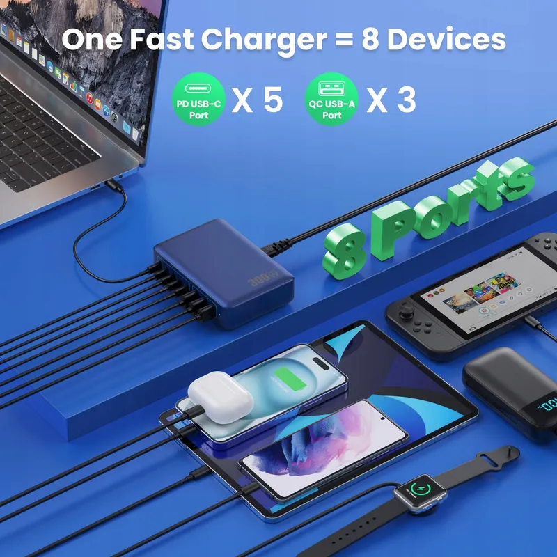USB C Oplader 300W 8 Poorten Snellader Voor Laptop En iPhone Donkerblauw — foto 2