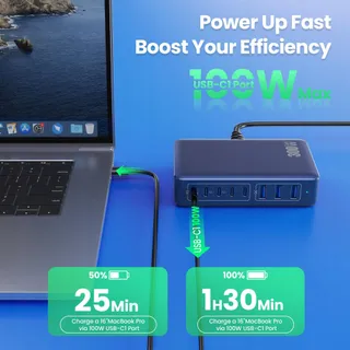 USB C Oplader 300W 8 Poorten Snellader Voor Laptop En iPhone Donkerblauw — miniatuur 6