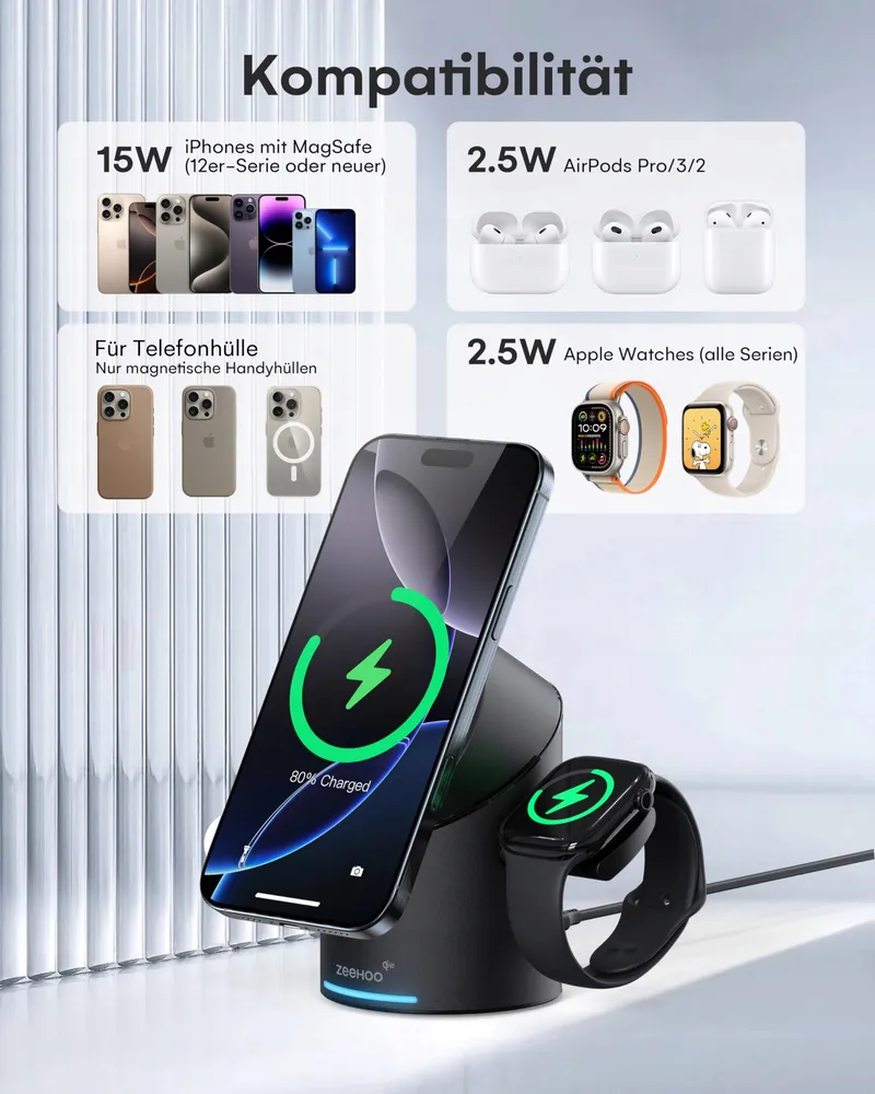 ZEEHOO Oplaadstation 3-in-1 Apple Watch iPhone AirPods 15W Qi2 — foto 7