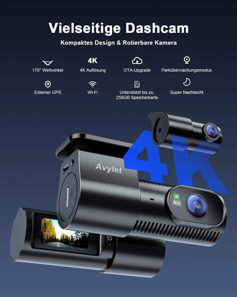 AVYLET Dashcam 4K 1080P Voor Achter WiFi GPS Nachtzicht 170° 150° — foto 2