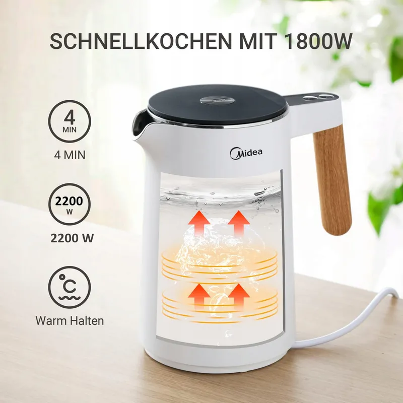MIDEA RVS Waterkoker 1,5L 2200W Temperatuurregeling BPA-Vrij — foto 2