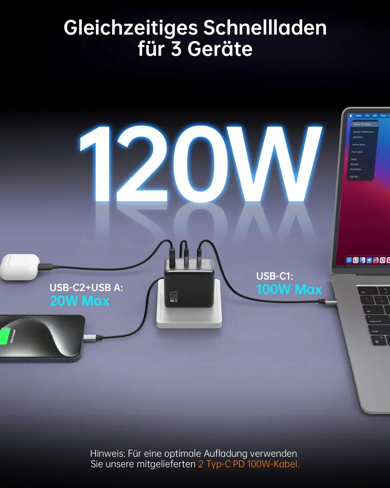 NOVOO 120W USB C Oplader GaN III 3-Poorts Snellader MacBook iPhone — foto 2