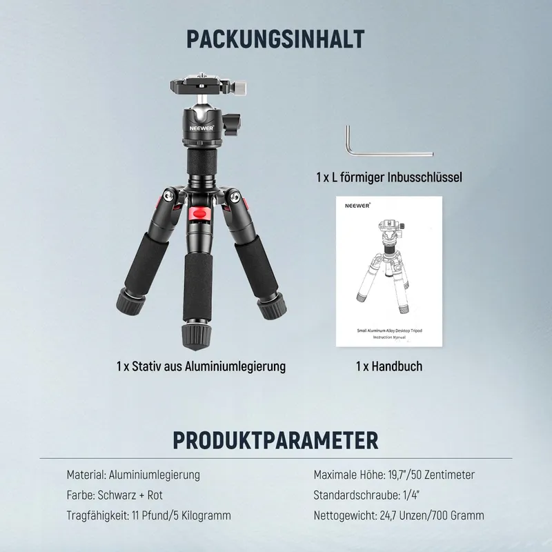 NEEWER Mini Camerastatief 360° Kop Aluminium 50cm DSLR Camcorder — foto 9