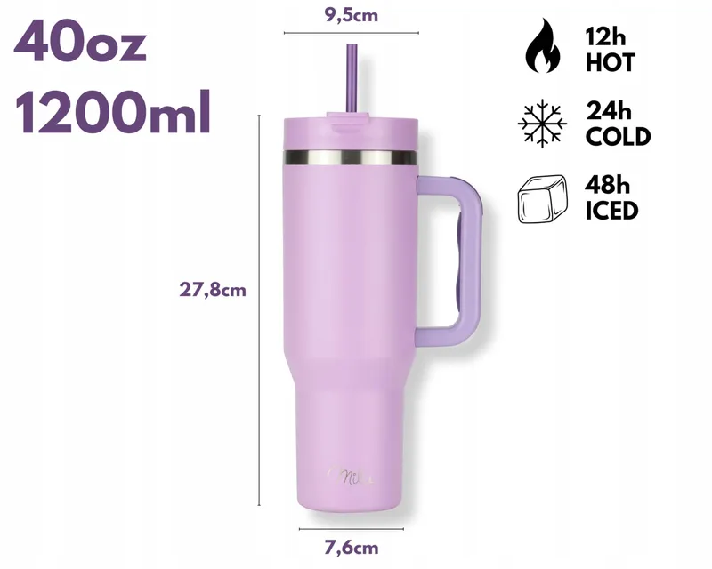 MILU Thermosbeker 1200ml Rietje Handvat RVS 40oz Lilac — foto 4