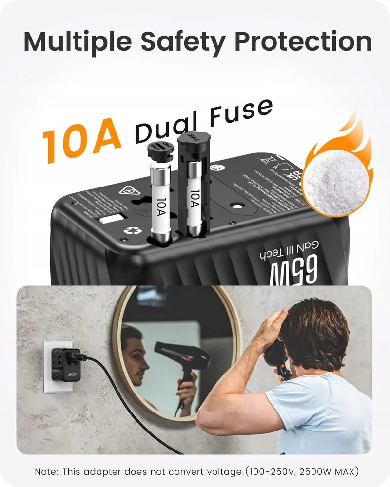 LENCENT Reisadapter 65W GaN3 USB A Type C EU USA UK AU — foto 8