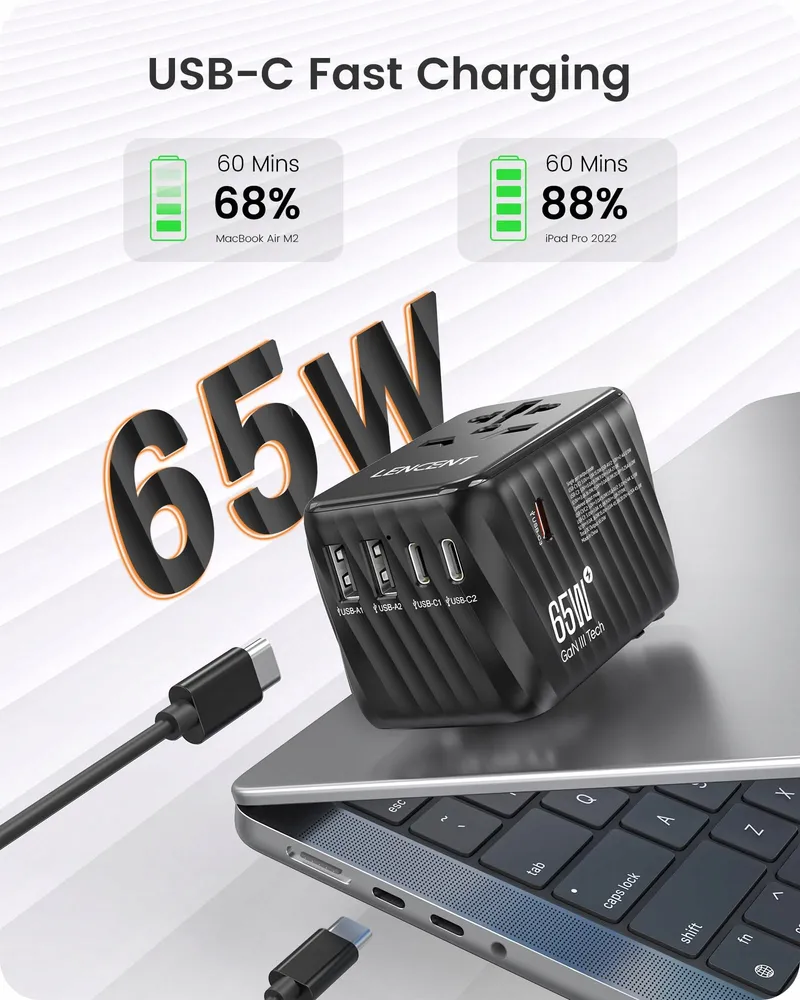LENCENT Reisadapter 65W GaN3 USB A Type C EU USA UK AU — foto 2