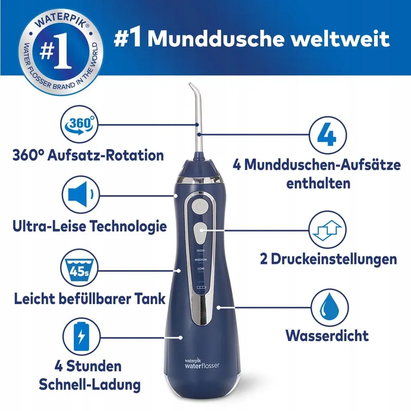 WATERPIK Cordless Advanced Waterflosser Draadloos 4 Opzetstukken Blauw — foto 2