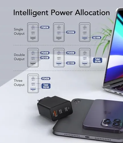 ANYKON USB C Oplader 65W 3-Poorts met 2M Kabel MacBook iPhone Galaxy — foto 5
