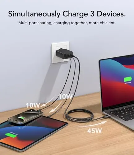 ANYKON USB C Oplader 65W 3-Poorts met 2M Kabel MacBook iPhone Galaxy — foto 7