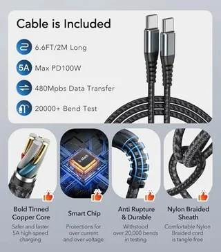 ANYKON USB C Oplader 65W 3-Poorts met 2M Kabel MacBook iPhone Galaxy — miniatuur 6