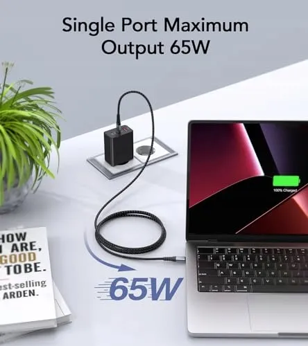 ANYKON USB C Oplader 65W 3-Poorts met 2M Kabel MacBook iPhone Galaxy — foto 3