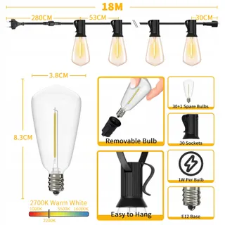 YUUCIO LED Lichtsnoer Buiten 18M 30+1 Lampen IP44 2700K — miniatuur 3