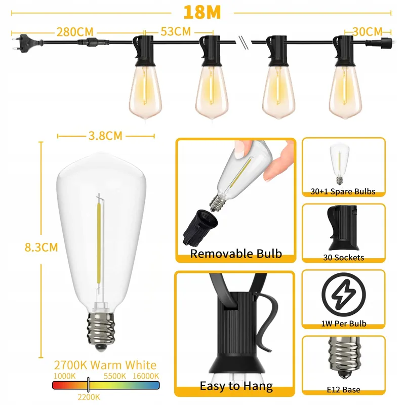 YUUCIO LED Lichtsnoer Buiten 18M 30+1 Lampen IP44 2700K — foto 3