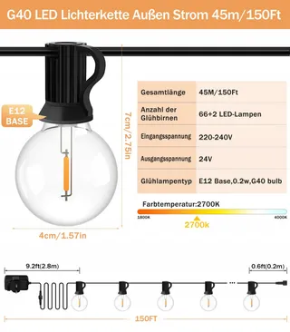 JEYMORKEY LED Lichtketting Buiten 45M 66+2 G40 — miniatuur 2