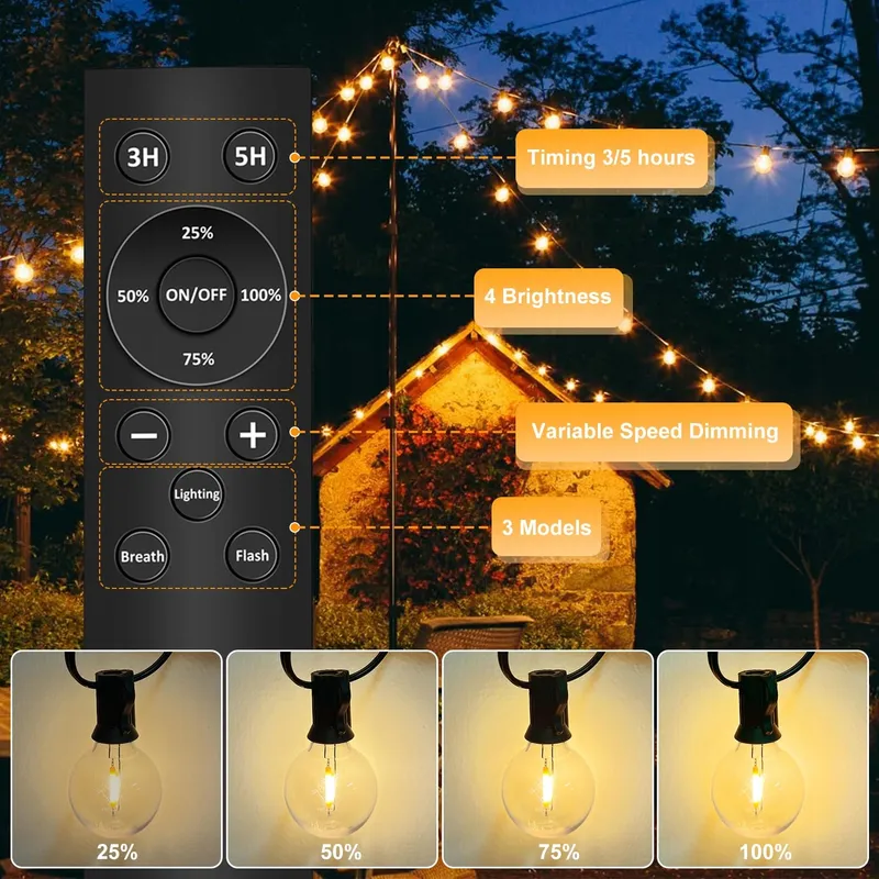 GHUSTAR Tuinlichtketting 15M 25+2 LED G40 Balkon IP44 — foto 3